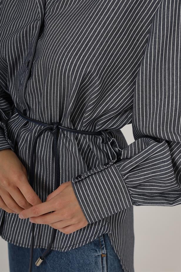 RYN Glitter Striped Belted Shirt - Navy - Villach