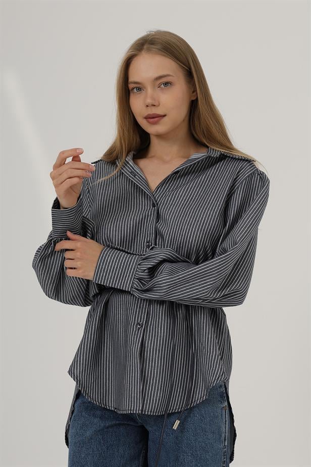 RYN Glitter Striped Belted Shirt - Navy - Villach