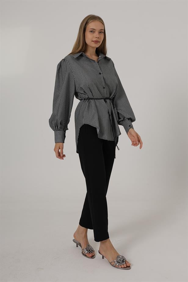 RYN Glitter Striped Belted Shirt - Black - Irapuato