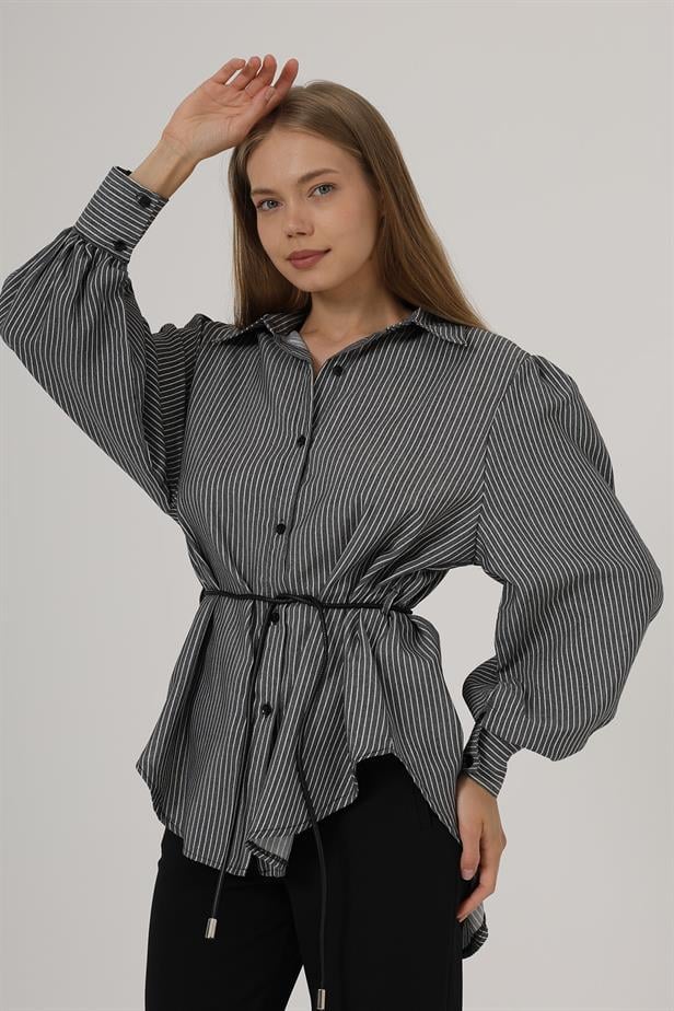 RYN Glitter Striped Belted Shirt - Black - Irapuato