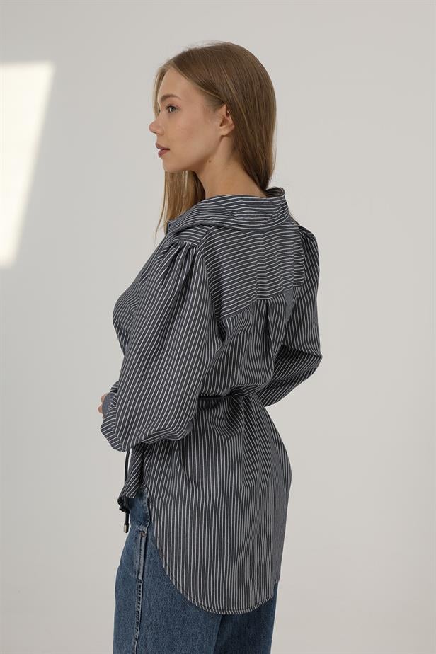 RYN Glitter Striped Belted Shirt - Navy - Villach