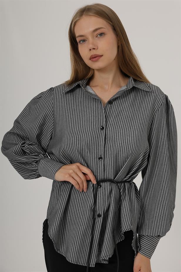RYN Glitter Striped Belted Shirt - Black - Irapuato