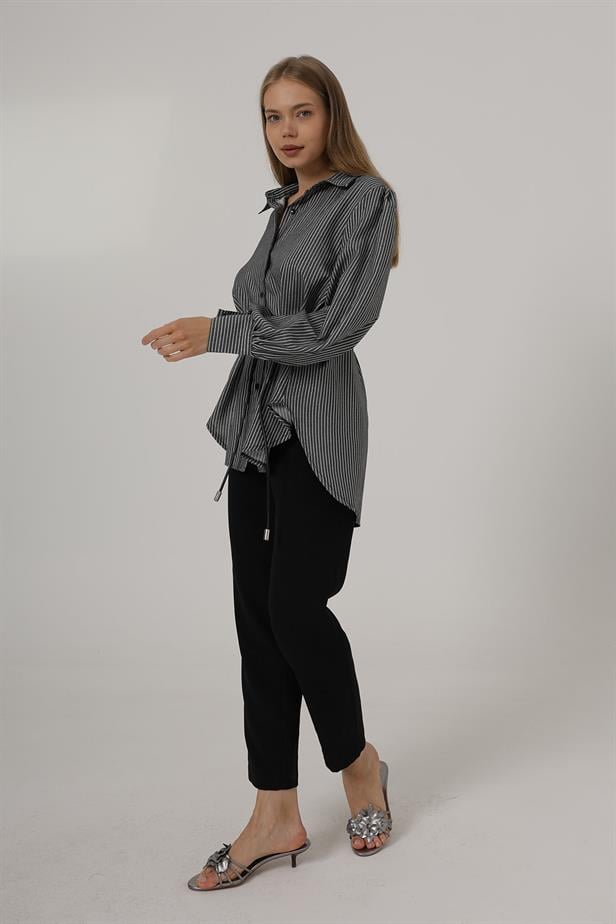 RYN Glitter Striped Belted Shirt - Black - Irapuato