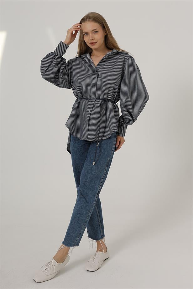 RYN Glitter Striped Belted Shirt - Navy - Villach