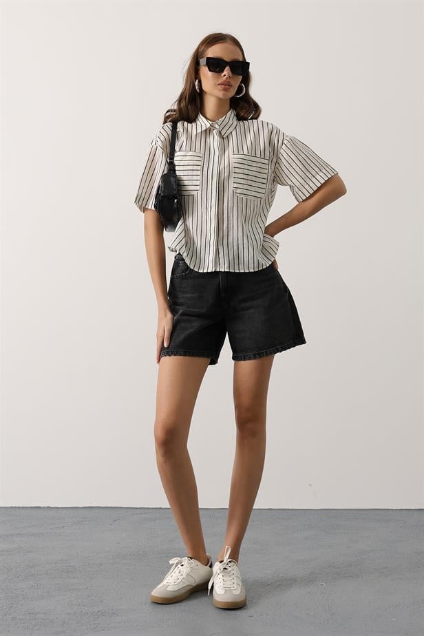 RYN Glitter Striped Short Sleeve T-shirt - Black - Acilia