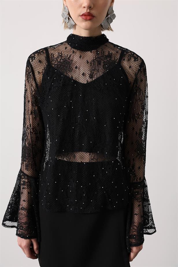 RYN LACE BLOUSE WITH STONES - Black - Torreón