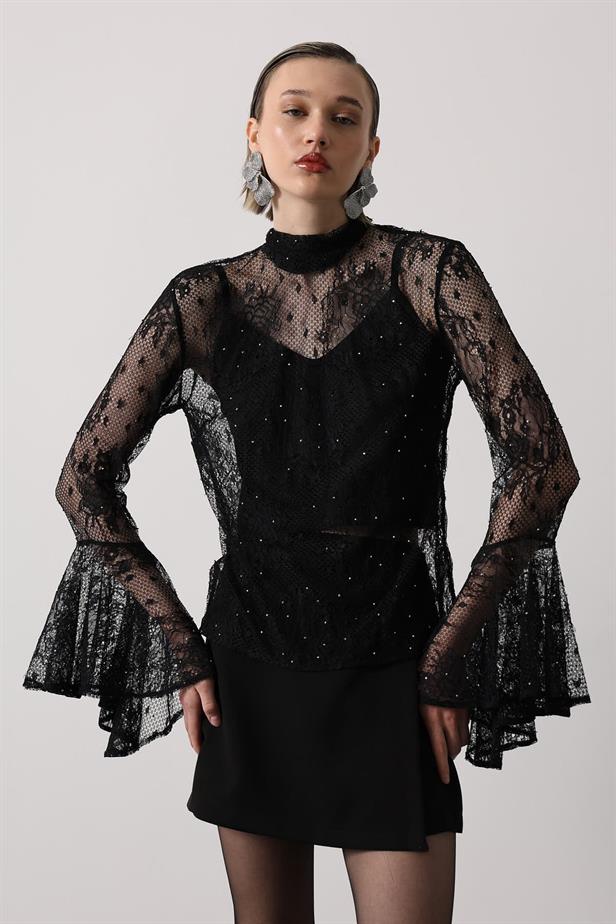 RYN LACE BLOUSE WITH STONES - Black - Torreón