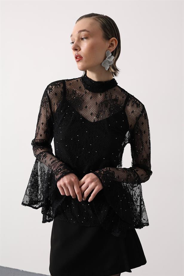 RYN LACE BLOUSE WITH STONES - Black - Torreón