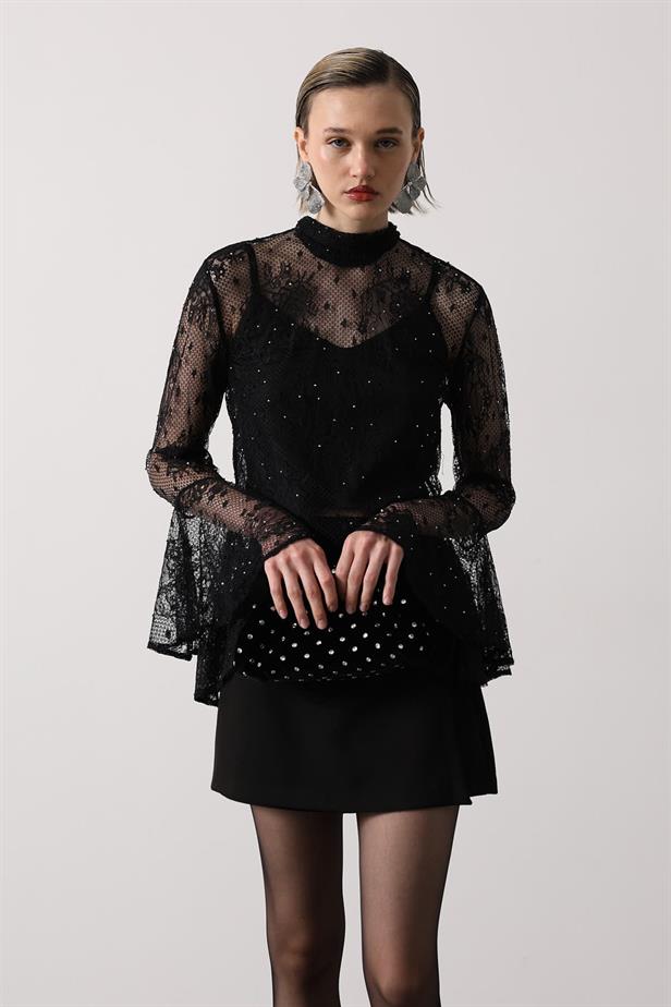 RYN LACE BLOUSE WITH STONES - Black - Torreón
