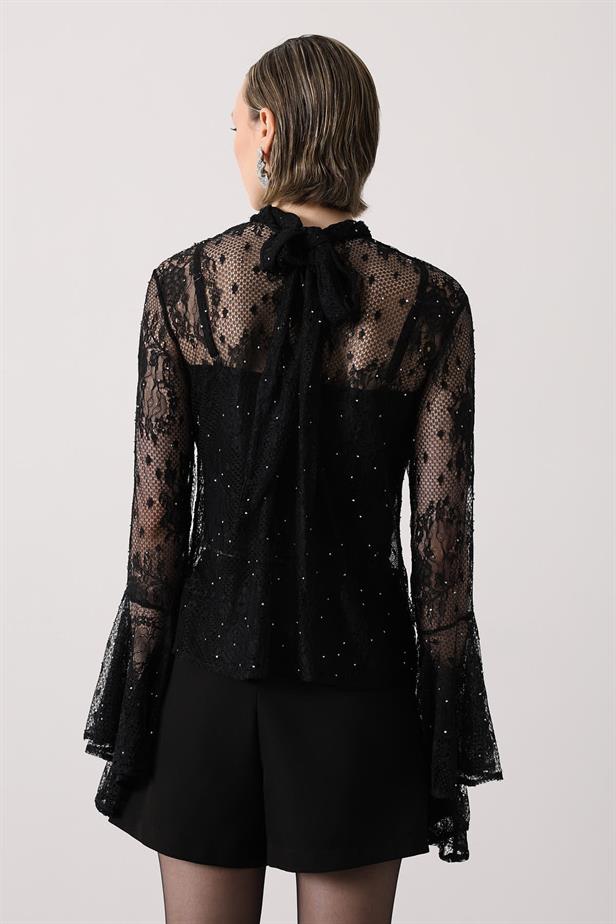 RYN LACE BLOUSE WITH STONES - Black - Torreón