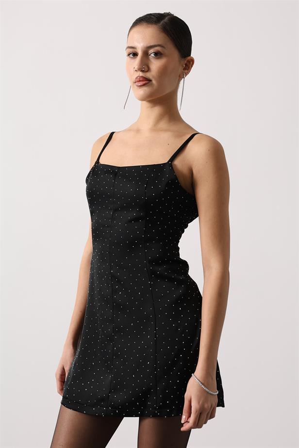 RYN STONE EMBELLISHED SATIN MINI DRESS - Black - Canberra