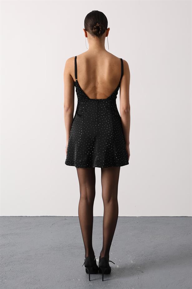 RYN STONE EMBELLISHED SATIN MINI DRESS - Black - Canberra