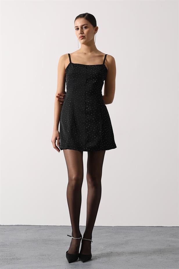 RYN STONE EMBELLISHED SATIN MINI DRESS - Black - Canberra