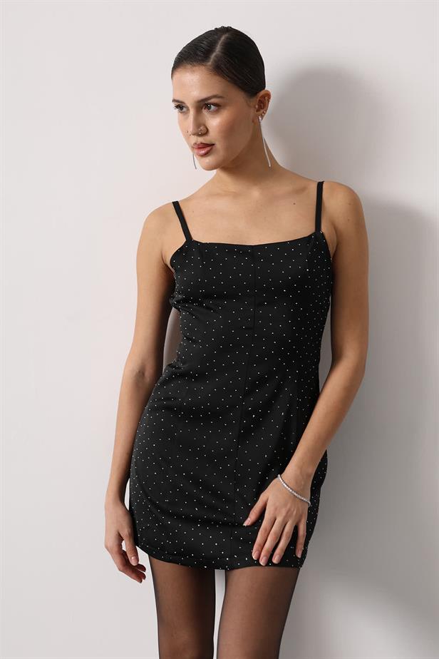 RYN STONE EMBELLISHED SATIN MINI DRESS - Black - Canberra