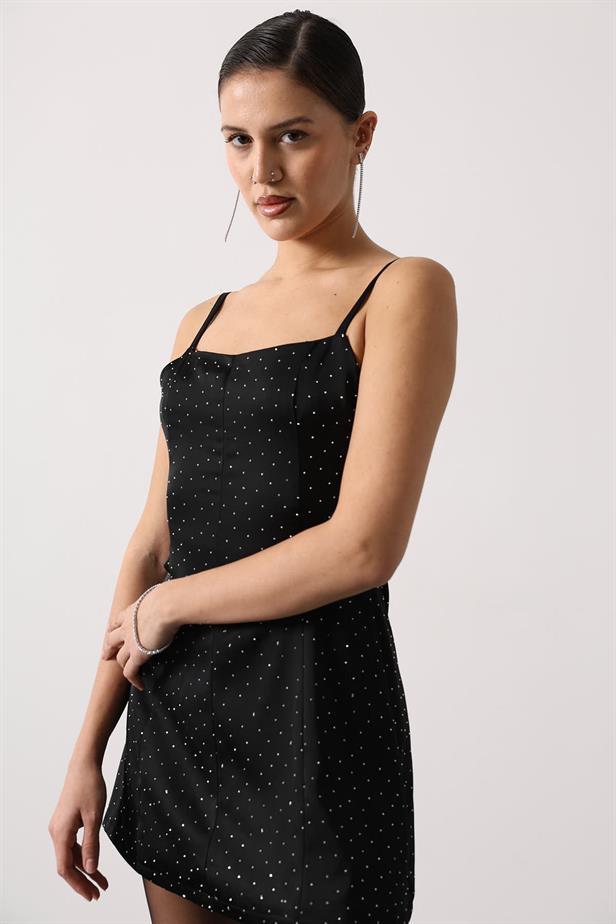 RYN STONE EMBELLISHED SATIN MINI DRESS - Black - Canberra