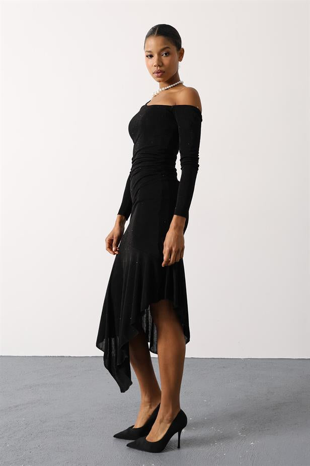 RYN STONE EMBELLISHED LONG SLEEVE ASYMMETRIC DRESS - Black - Rome