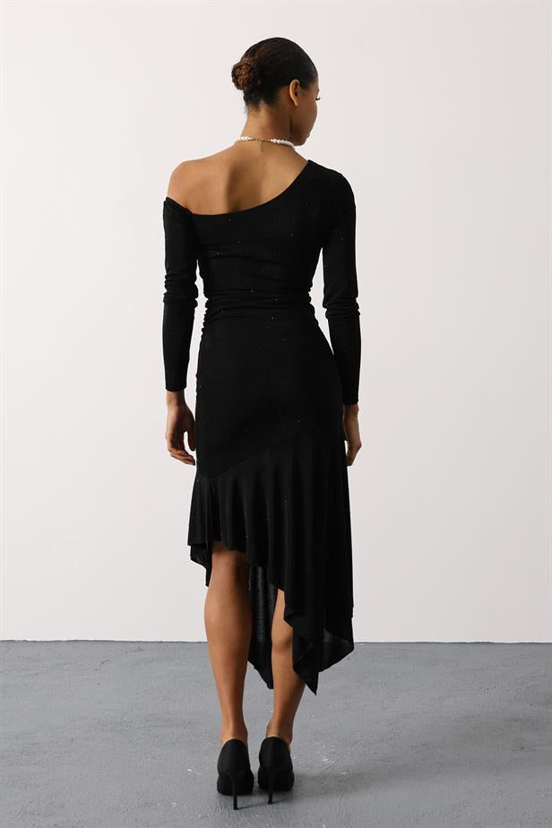 RYN STONE EMBELLISHED LONG SLEEVE ASYMMETRIC DRESS - Black - Rome