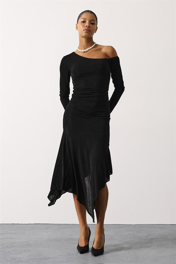 RYN STONE EMBELLISHED LONG SLEEVE ASYMMETRIC DRESS - Black - Rome