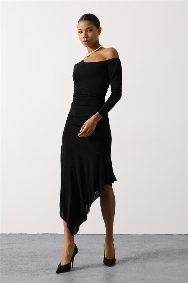 RYN STONE EMBELLISHED LONG SLEEVE ASYMMETRIC DRESS - Black - Rome