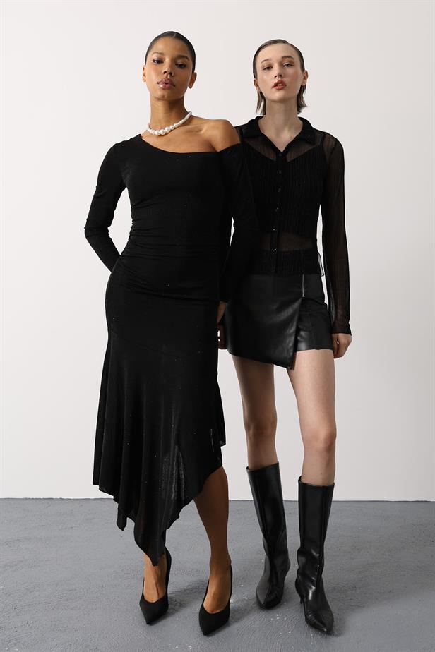 RYN STONE EMBELLISHED LONG SLEEVE ASYMMETRIC DRESS - Black - Rome