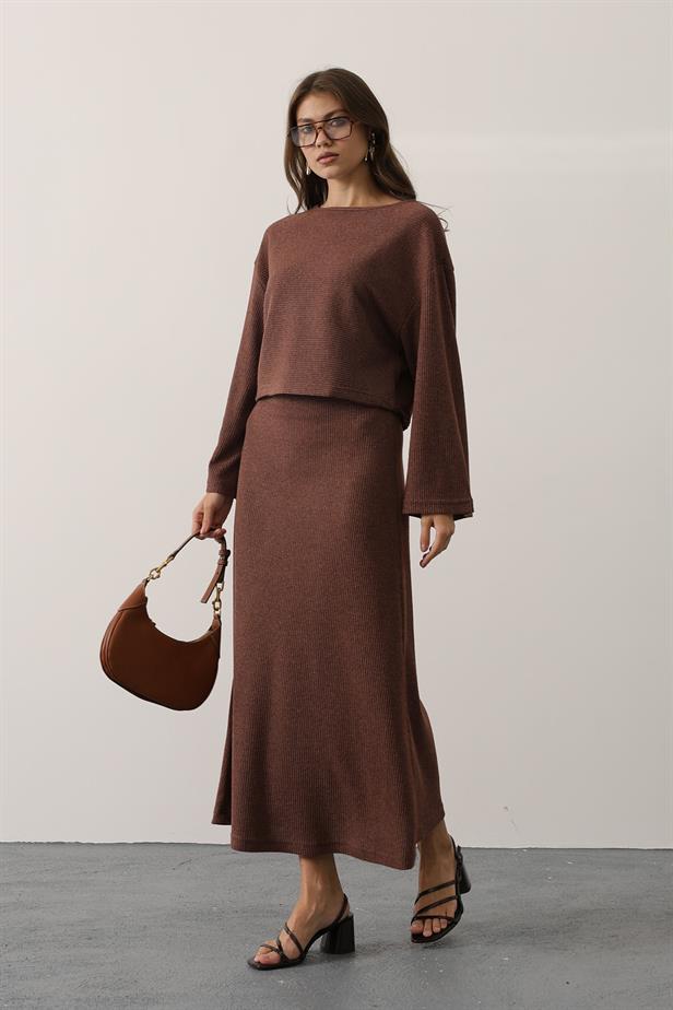 RYN LONG SLEEVE BLOUSE SKIRT SUIT - Brown - Córdoba