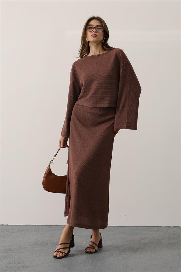 RYN LONG SLEEVE BLOUSE SKIRT SUIT - Brown - Córdoba