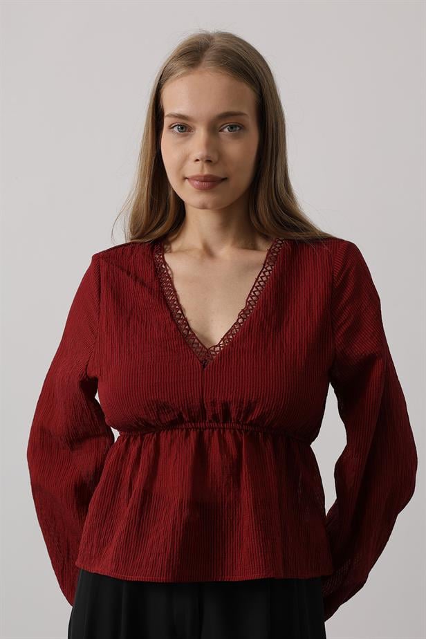 RYN V-Neck Lace Blouse - Burgundy - Gisborne