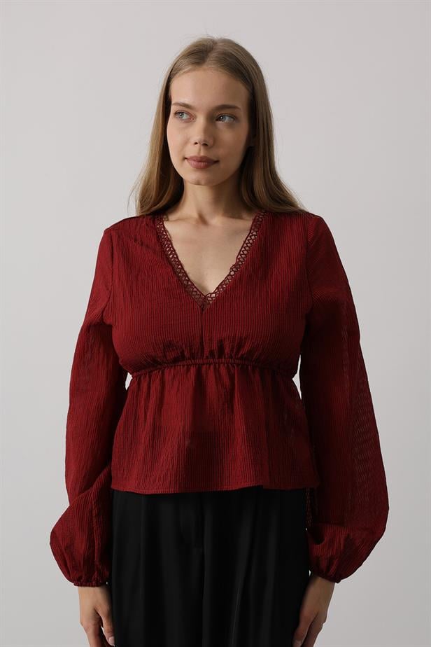 RYN V-Neck Lace Blouse - Burgundy - Gisborne