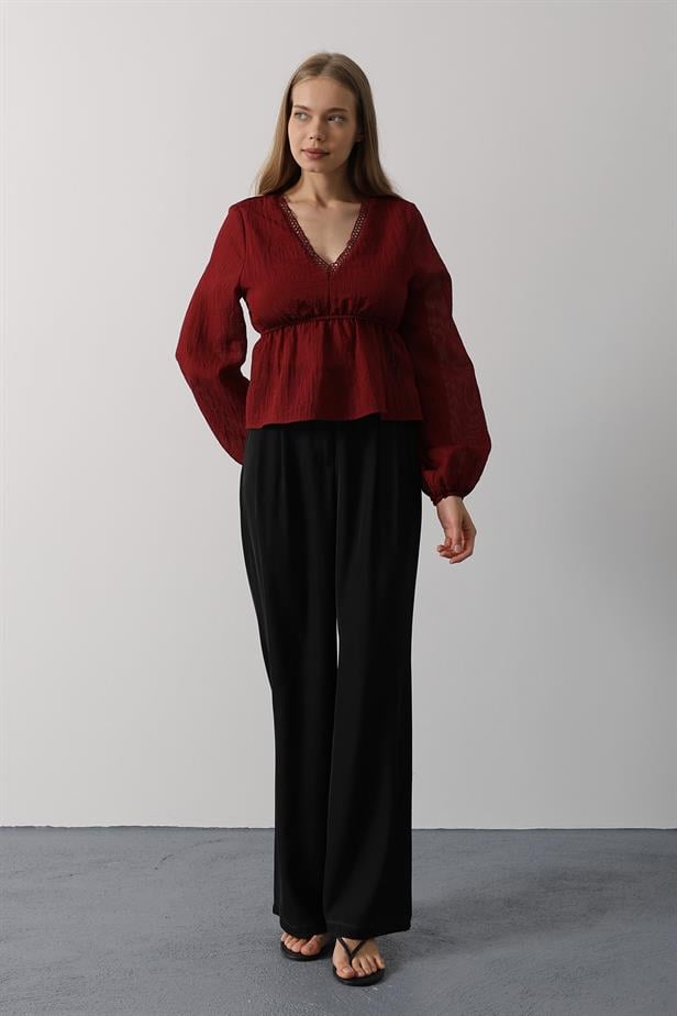 RYN V-Neck Lace Blouse - Burgundy - Gisborne