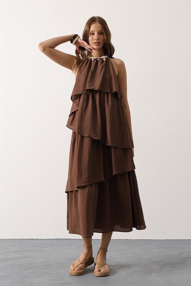 RYN Neck Detailed Layered Dress - Brown - Iesi