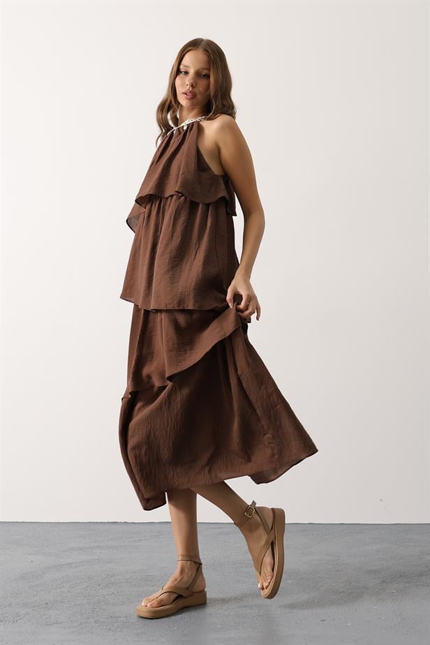 RYN Neck Detailed Layered Dress - Brown - Iesi