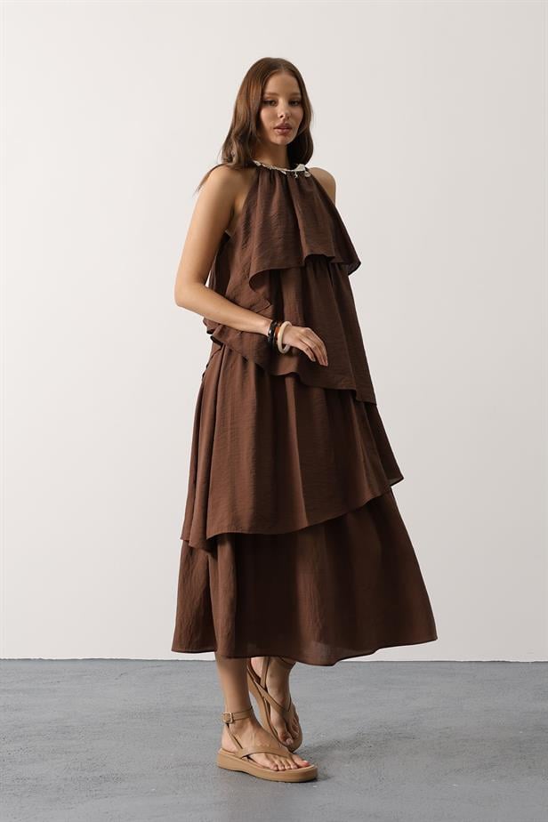 RYN Neck Detailed Layered Dress - Brown - Iesi