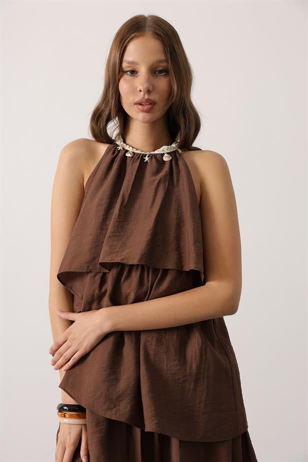 RYN Neck Detailed Layered Dress - Brown - Iesi