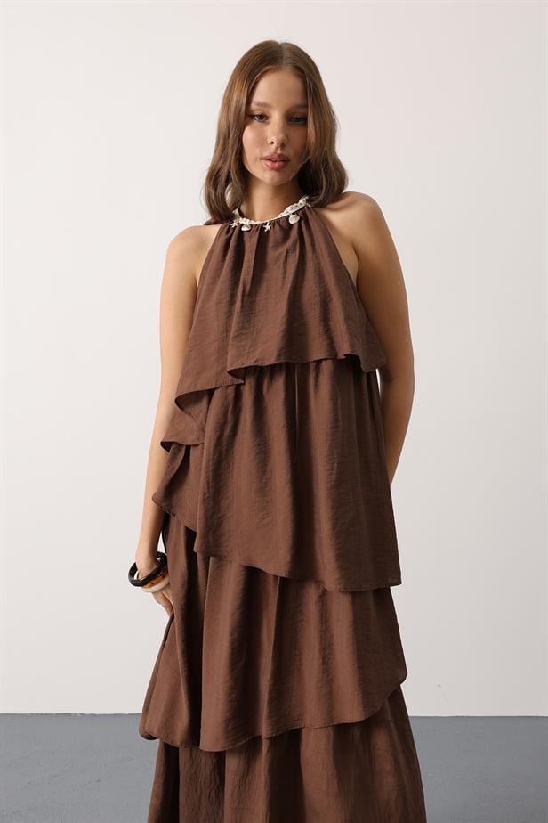 RYN Neck Detailed Layered Dress - Brown - Iesi