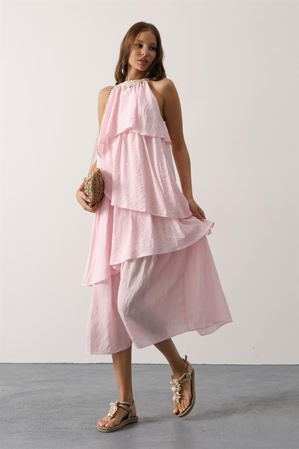 RYN Neck Detailed Layered Dress - Pink - Gulfport
