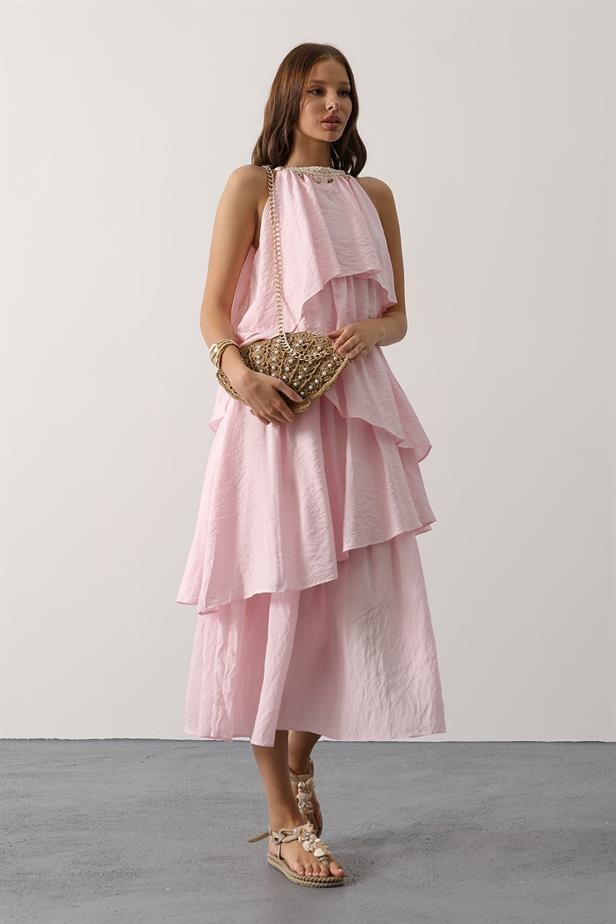 RYN Neck Detailed Layered Dress - Pink - Gulfport