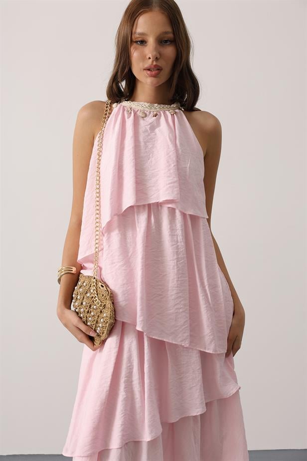 RYN Neck Detailed Layered Dress - Pink - Gulfport