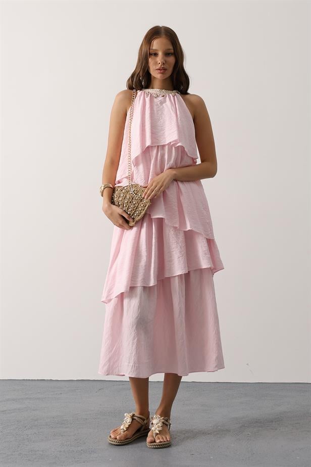 RYN Neck Detailed Layered Dress - Pink - Gulfport