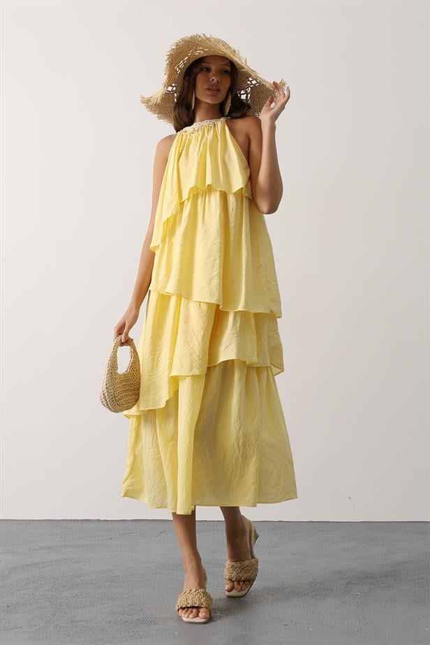 RYN Neck Detailed Layered Dress - Yellow - Braine-l’Alleud