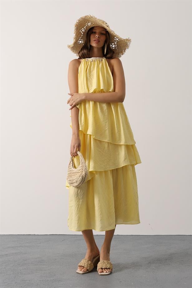 RYN Neck Detailed Layered Dress - Yellow - Braine-l’Alleud