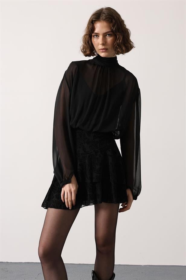 RYN COLLAR TIED PATTERNED MINI DRESS - Black - Sagunto