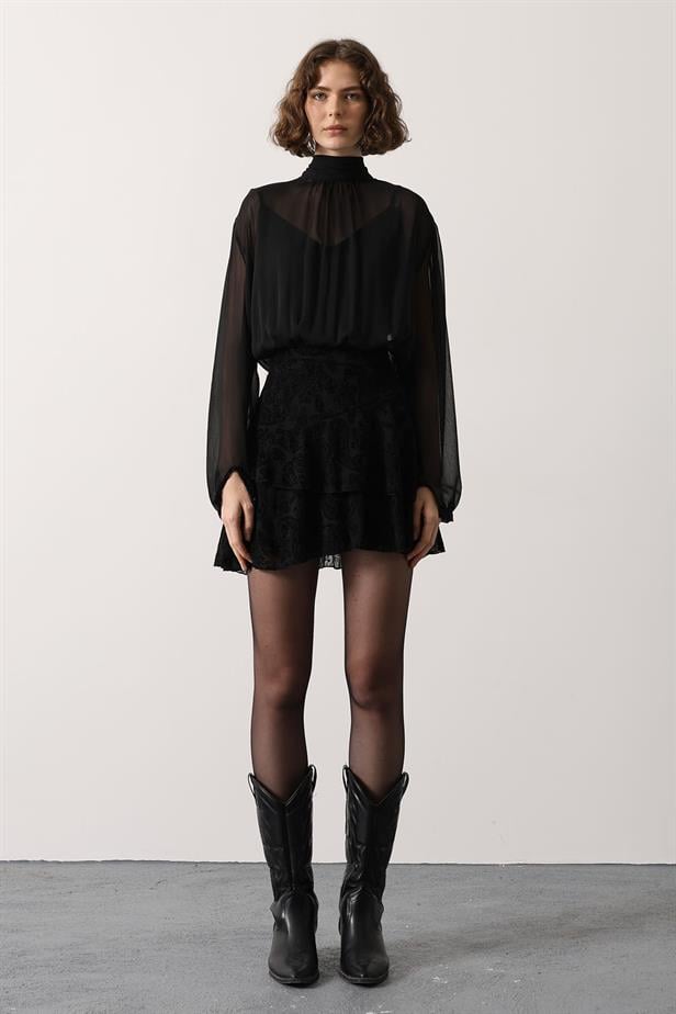 RYN COLLAR TIED PATTERNED MINI DRESS - Black - Sagunto