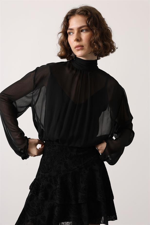 RYN COLLAR TIED PATTERNED MINI DRESS - Black - Sagunto