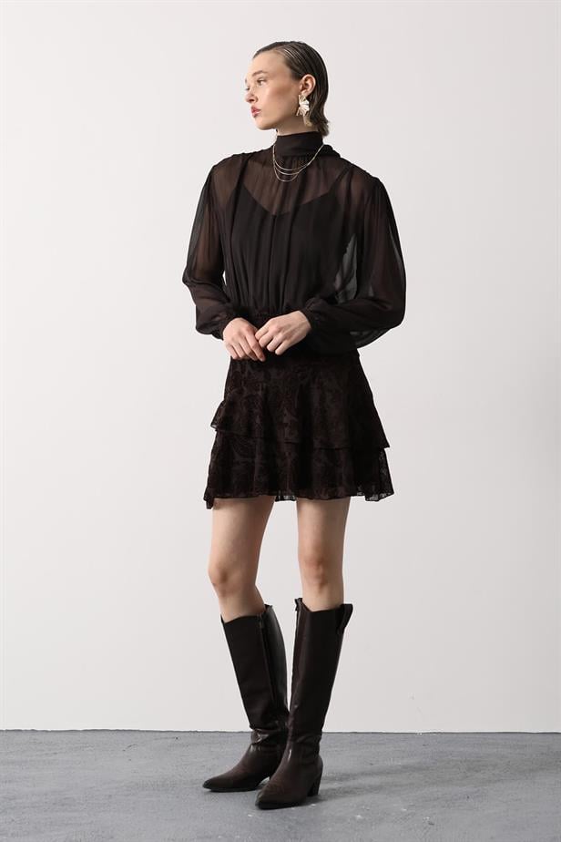 RYN YAKASI BAGLAMALI DESENLİ MİNİ ELBİSE - Kahve - Shreveport