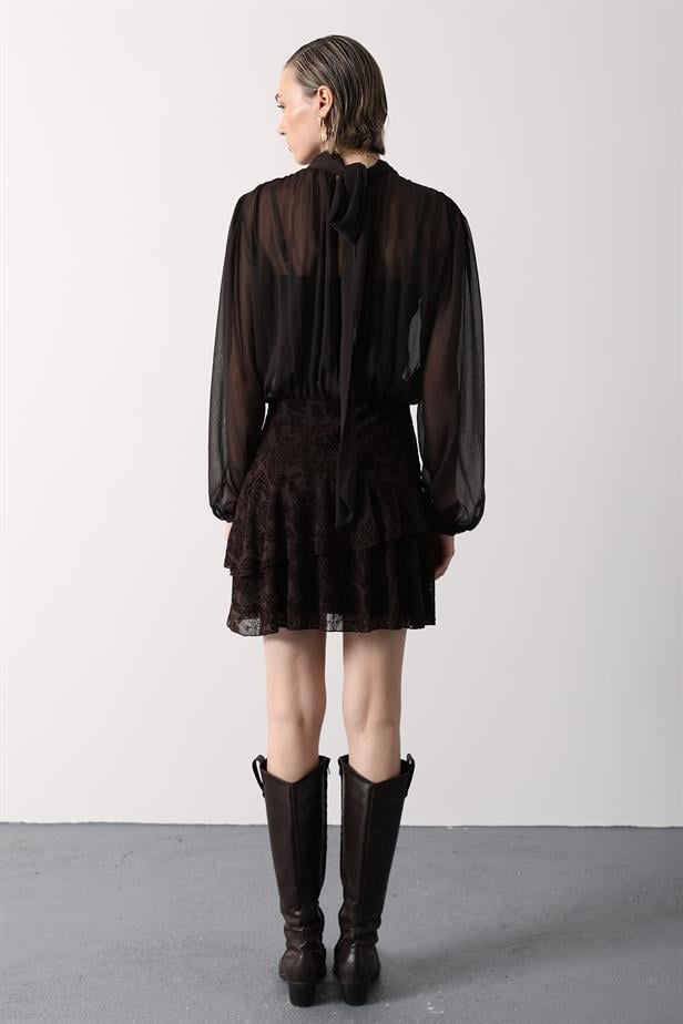 RYN YAKASI BAGLAMALI DESENLİ MİNİ ELBİSE - Kahve - Shreveport