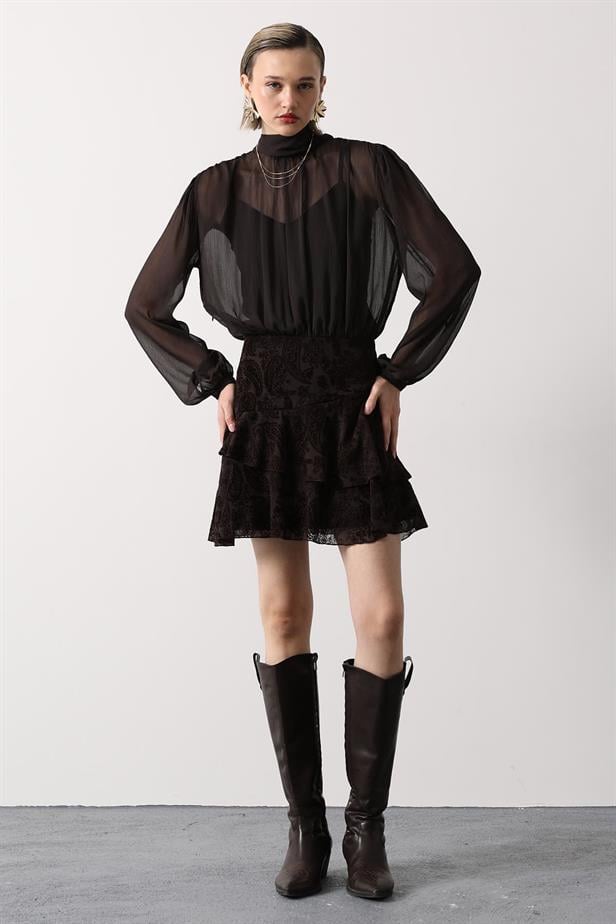 RYN YAKASI BAGLAMALI DESENLİ MİNİ ELBİSE - Kahve - Shreveport