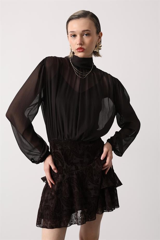 RYN YAKASI BAGLAMALI DESENLİ MİNİ ELBİSE - Kahve - Shreveport