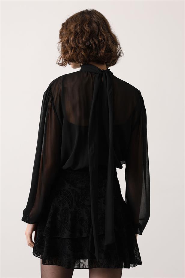 RYN COLLAR TIED PATTERNED MINI DRESS - Black - Sagunto
