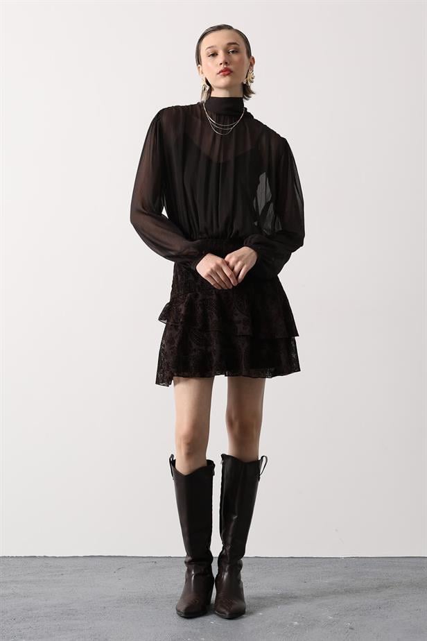 RYN YAKASI BAGLAMALI DESENLİ MİNİ ELBİSE - Kahve - Shreveport