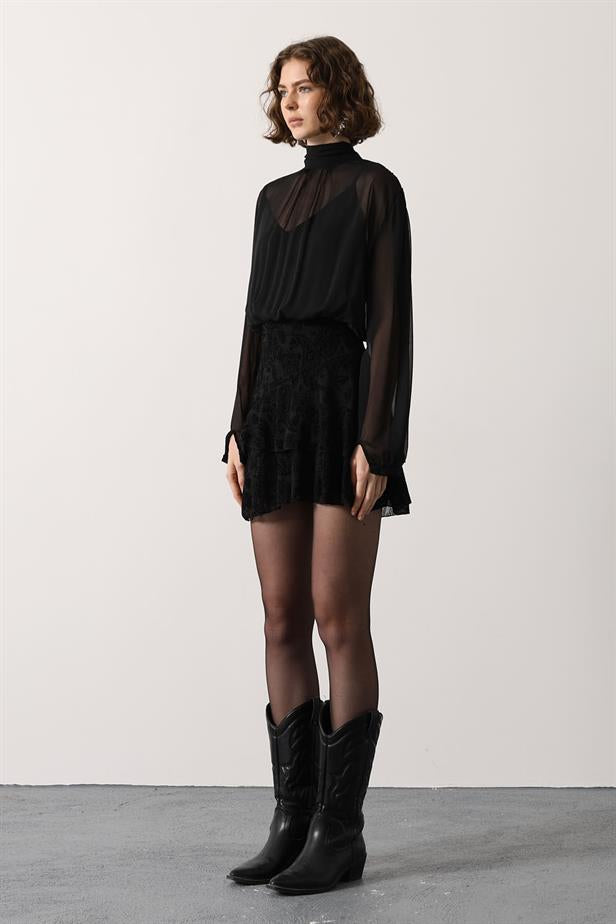RYN COLLAR TIED PATTERNED MINI DRESS - Black - Sagunto